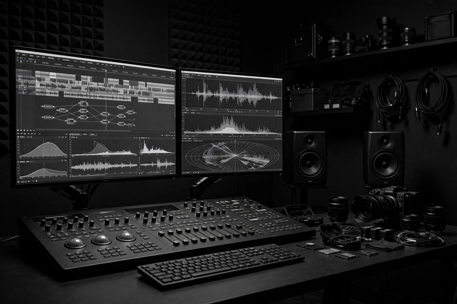 Empty professional editing suite with dual screens and control surface
