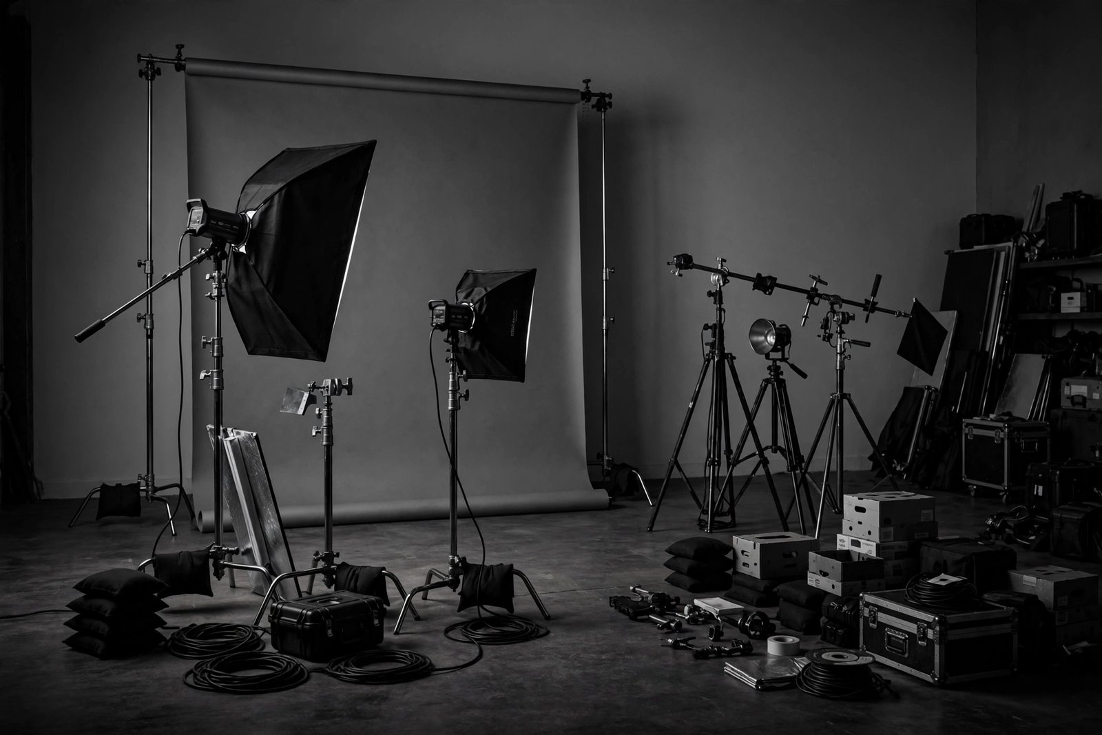 Empty photography studio with lights, stands, and a seamless backdrop