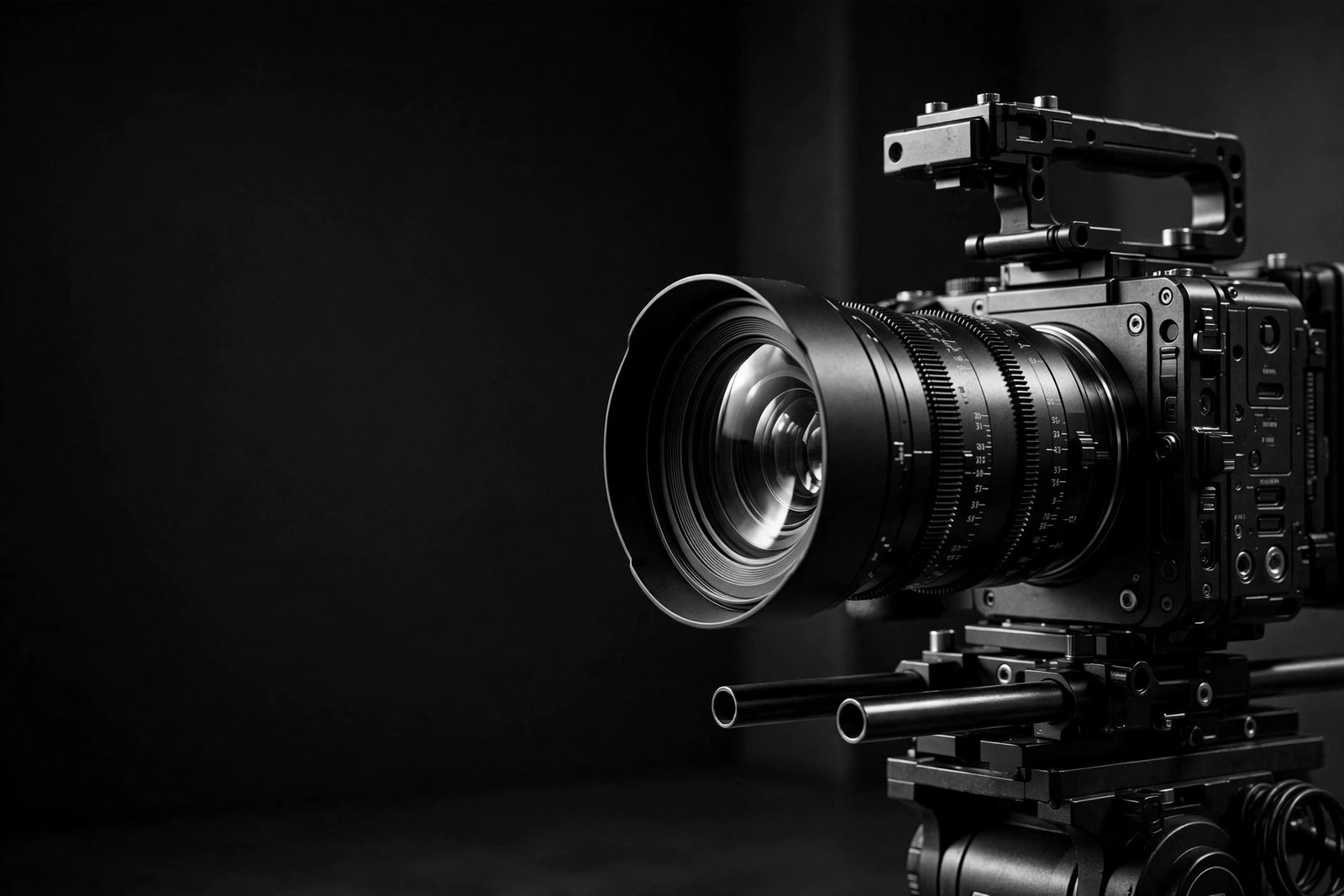 Professional cinema camera and lens in a dark studio