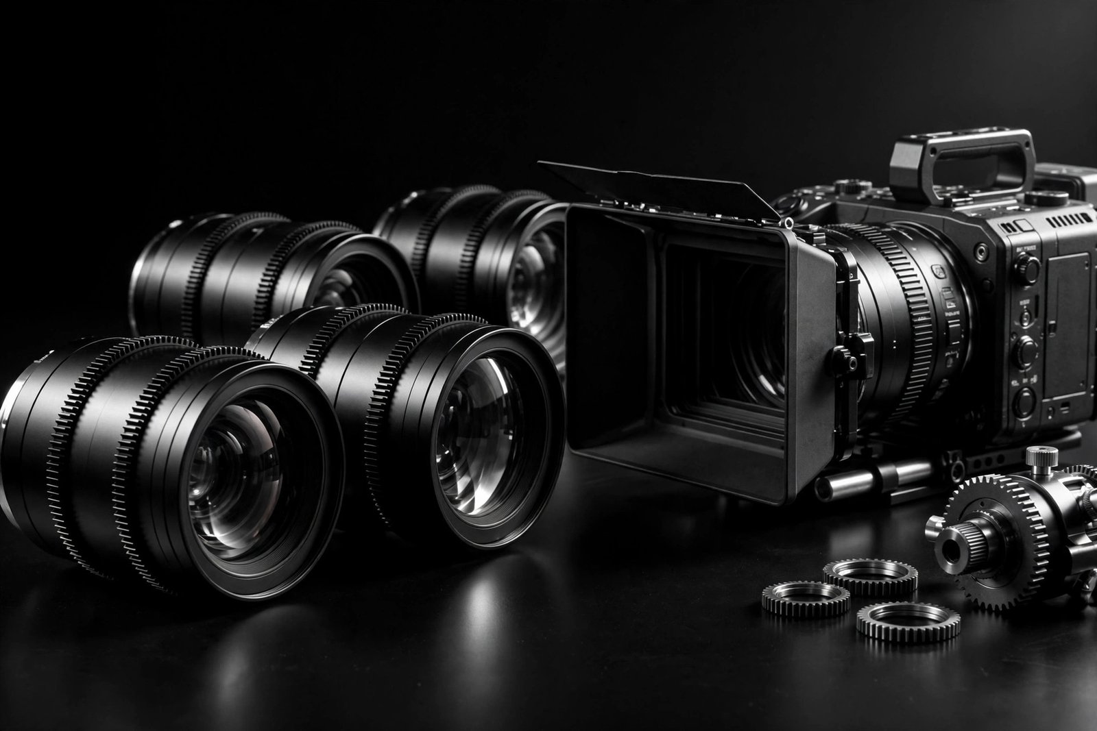Cinema camera, lenses, and focus gears arranged on a black table